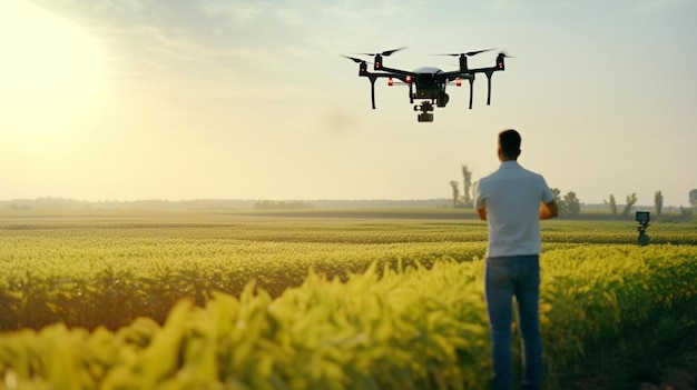 Photo a man is flying a drone with a field of corn in the background