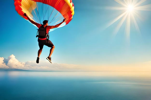 Photo a man is flying in a hot air balloon with the sun behind him.