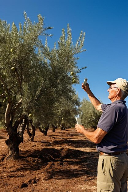 a man is flying a kite in an olive grove