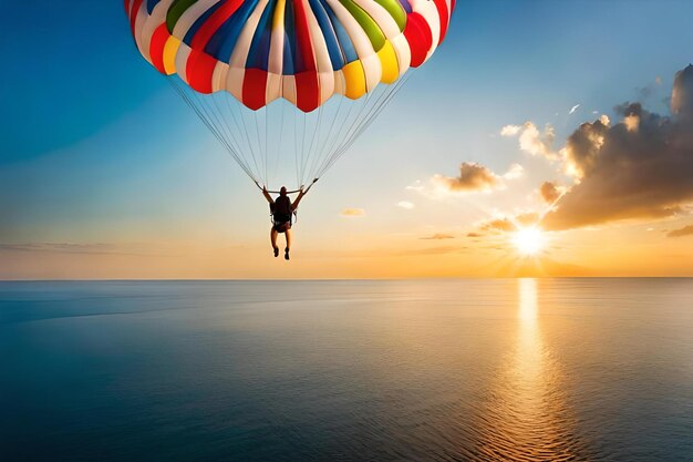 A man is flying a parachute with the sun behind him