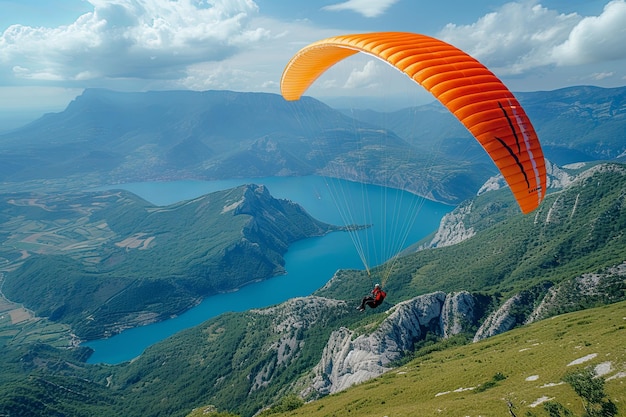 Foto un uomo vola con un parapendio su un paesaggio montuoso