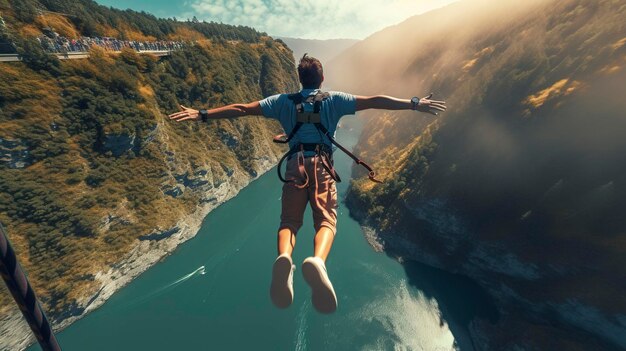 Photo a man is flying over a river with his arms outstretched