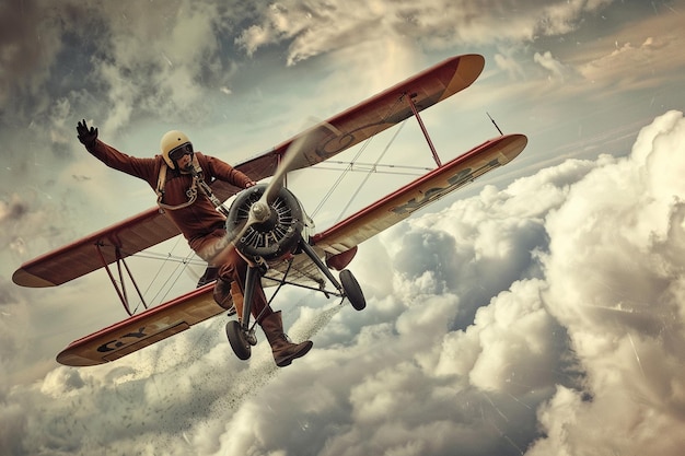 a man is flying a small airplane with a man on the wing