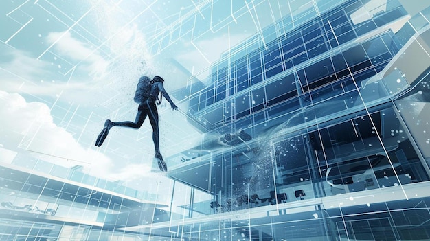 Photo a man is flying through the air in front of a building