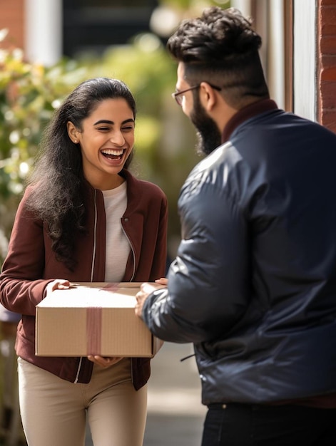 a man is giving a box to a woman