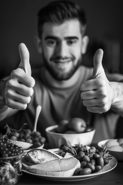 Photo a man is giving thumbs up to a plate of food the plate is full of fruits and vegetables including grapes tomatoes and potatoes the man is smiling indicating that he is happy with the food