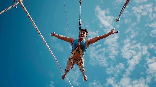 Photo a man is hanging from a rope with his arms out to the sky