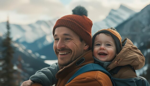 A man is holding a baby in a hat and smiling