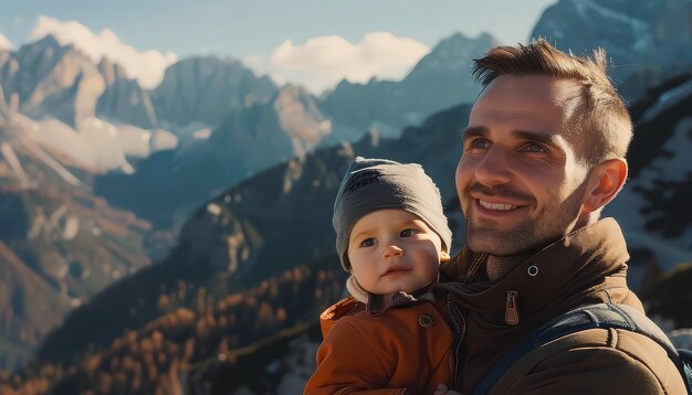 A man is holding a baby in a hat and smiling