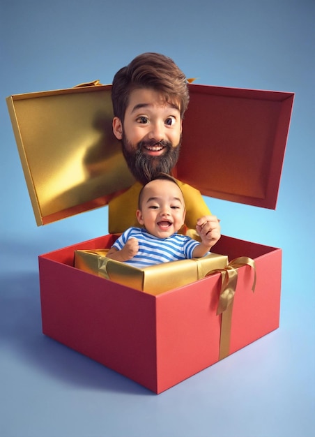 Photo a man is holding a baby in a red box with a baby in it