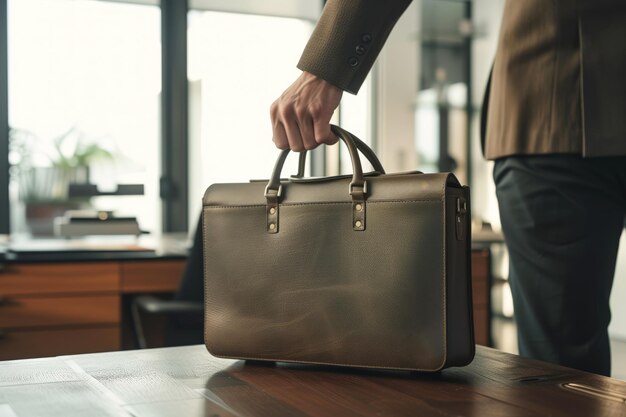 A man is holding a briefcase on a wooden table