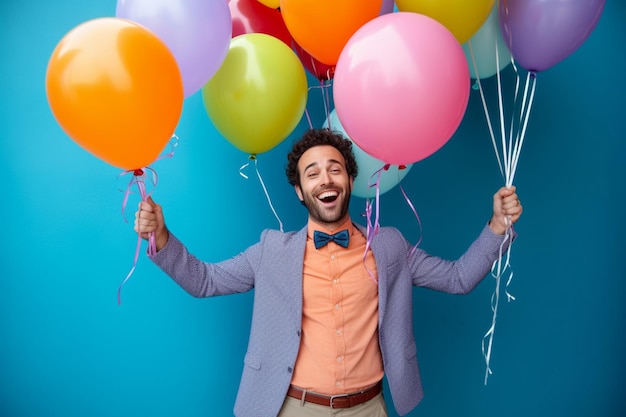 a man is holding a bunch of balloons