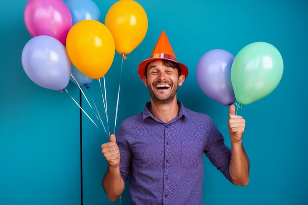 a man is holding a bunch of balloons