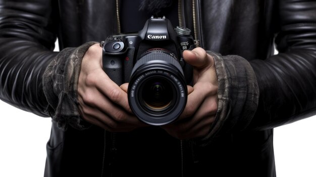 a man is holding a camera with a camera lens.