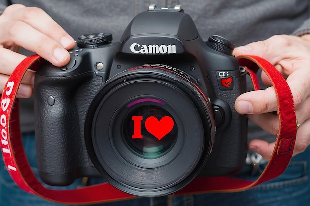 Photo a man is holding a camera with a red strap that says i love you