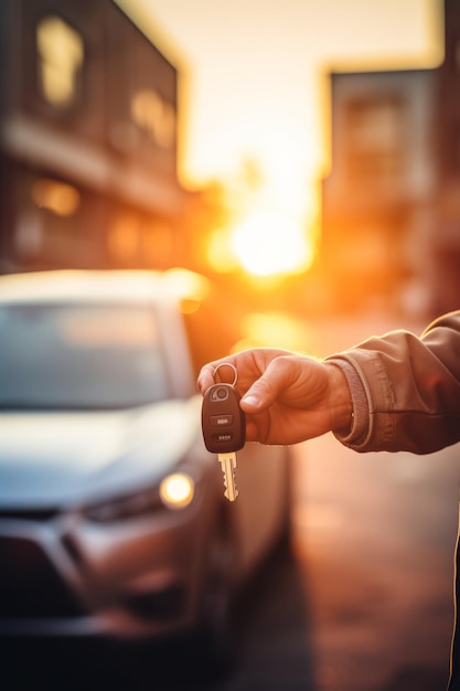 a man is holding a car key and a car is driving down the street