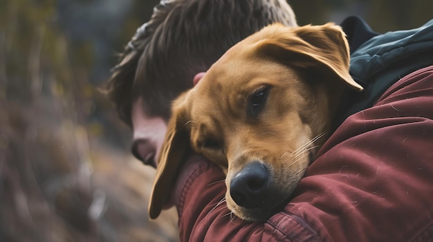 男性が肩に頭を置いて犬を抱いている