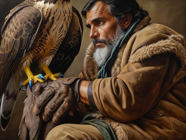 a man is holding a falcon and a hawk is looking at the mans feet