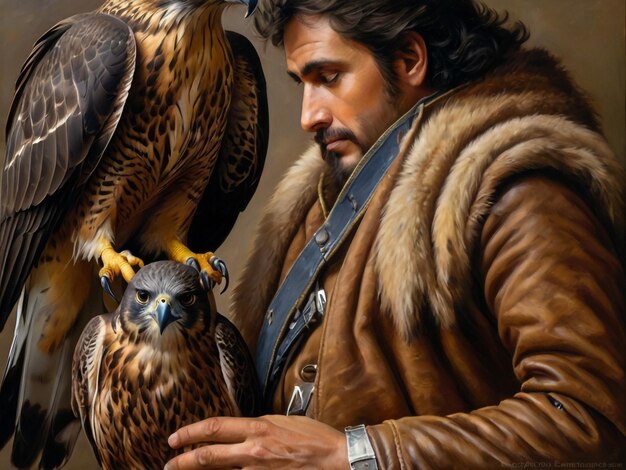 a man is holding a falcon and a hawk