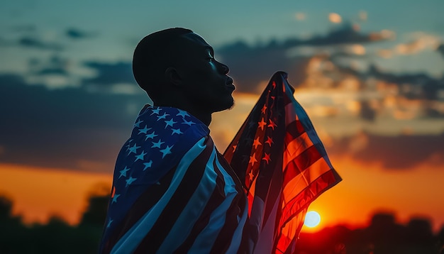 A man is holding a flag in front of a sunset