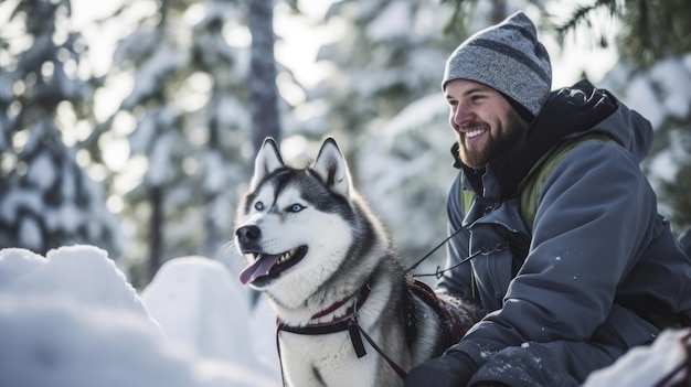 男が雪の中にハスキー犬を抱えている