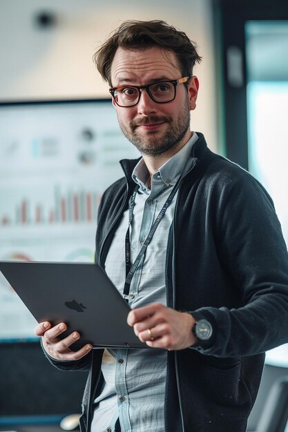 Photo a man is holding a laptop and a screen behind him