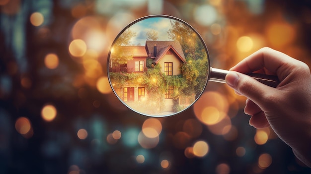 A man is holding a magnifying glass A man enlarges a beautiful house Generative AI