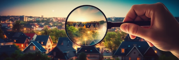 Foto un uomo tiene in mano una lente d'ingrandimento un uomo ingrandisce una bella casa ia generativa