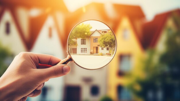 Foto un uomo tiene in mano una lente d'ingrandimento un uomo ingrandisce una bella casa ia generativa