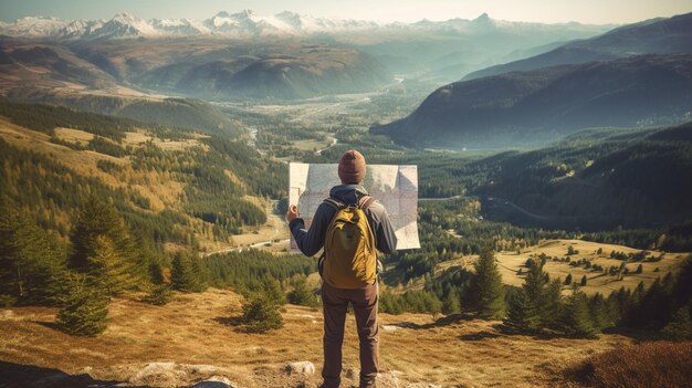 Foto un uomo tiene in mano una mappa mentre fa un'escursione in montagna, in foresta, in ai generativa.