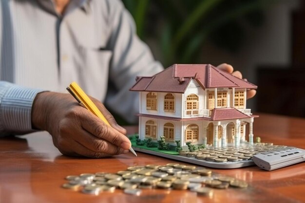 Photo a man is holding a model house and a model house