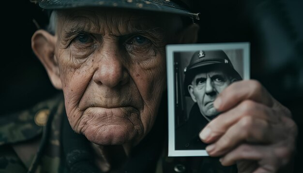 A man is holding a picture of a man in a military uniform