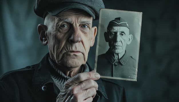 A man is holding a picture of a man in a military uniform