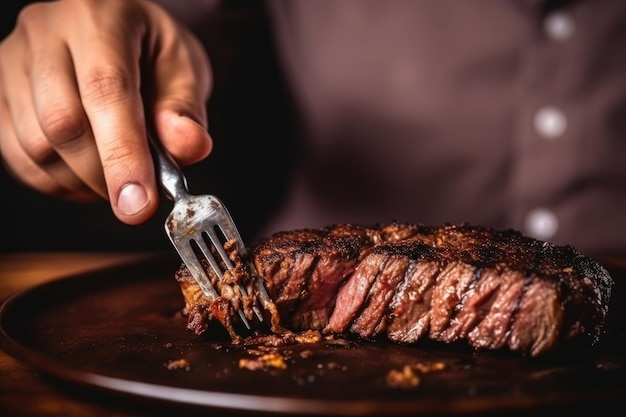 Photo man is holding a piece of medium rare steak on a fork