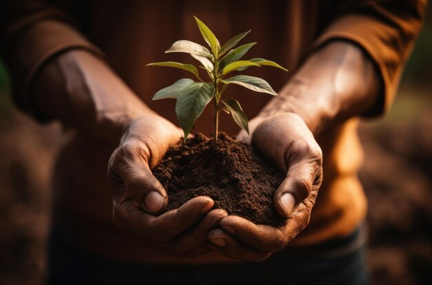 a man is holding a plant in soil