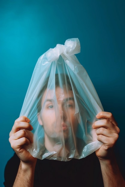 A man is holding a plastic bag with the word plastic on it International Plastic Bag Free Day