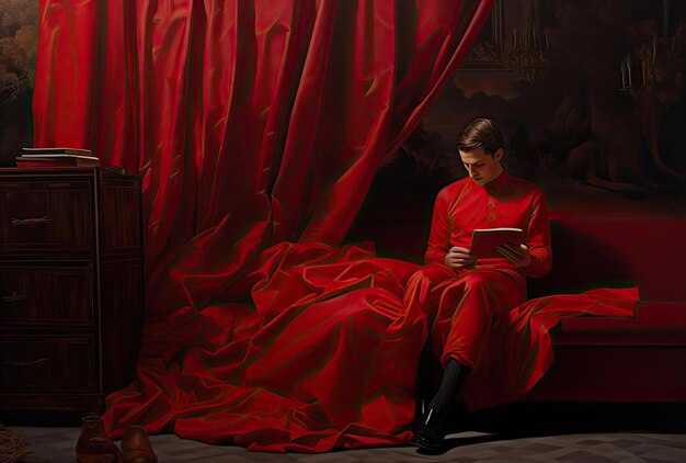 a man is holding a red book in his back in the style of feminine interiors