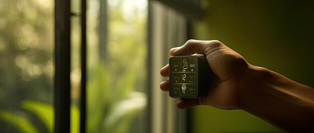 Photo a man is holding the remote on an air conditioning unit in the style of contemporary glass