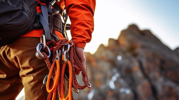 a man is holding a rope with orange straps.