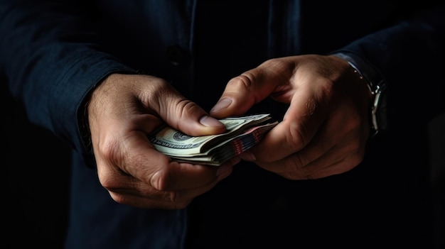 a man is holding a stack of money in his hands.