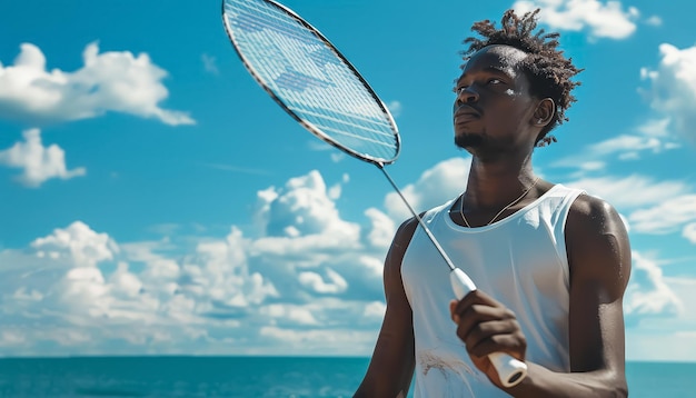 A man is holding a tennis racket and standing on a beach