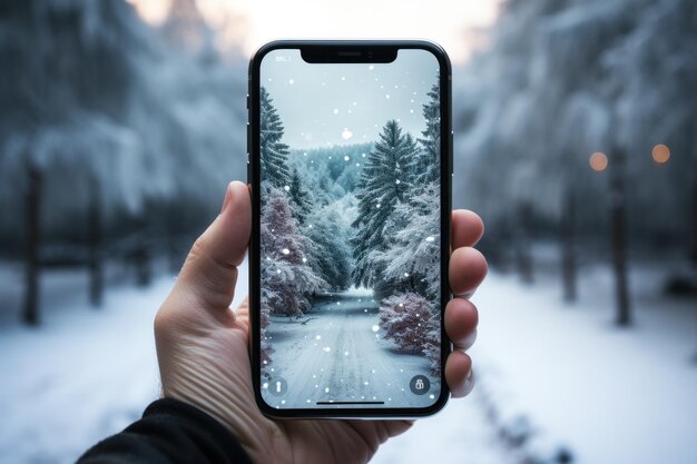 Photo a man is holding up a smart phone showing a snow