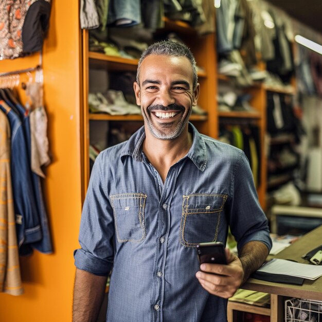 a man is holding a wallet in front of a display of clothing