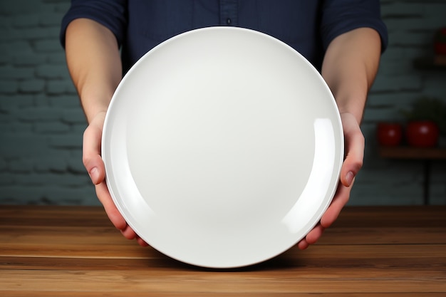 A man is holding a white round plate in his hands AI generative