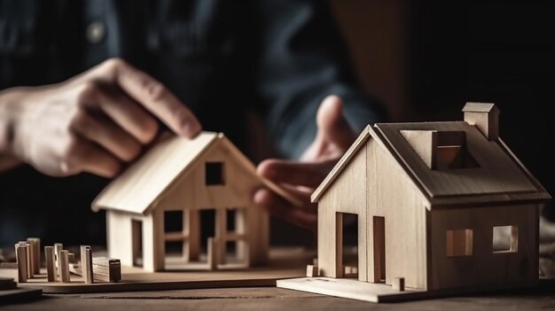 A man is holding a wooden model of a house.