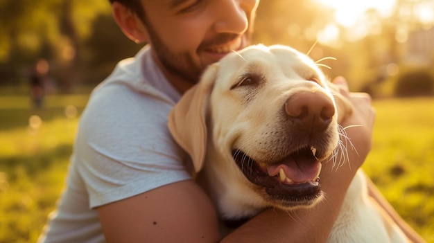 a man is hugging a dog in a park