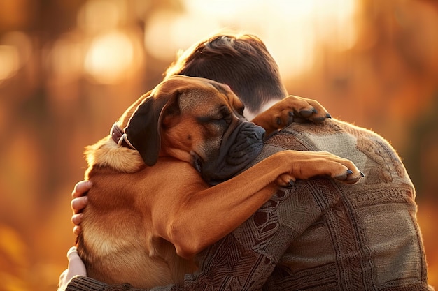 男が犬を抱きしめている