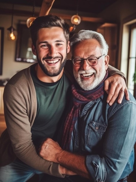 a man is hugging a man who is smiling