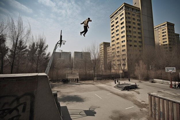 A man is jumping in the air with a basketball hoop in the background