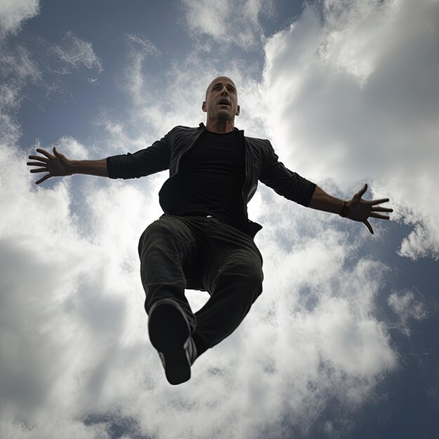 a man is jumping in the air with his arms outstretched